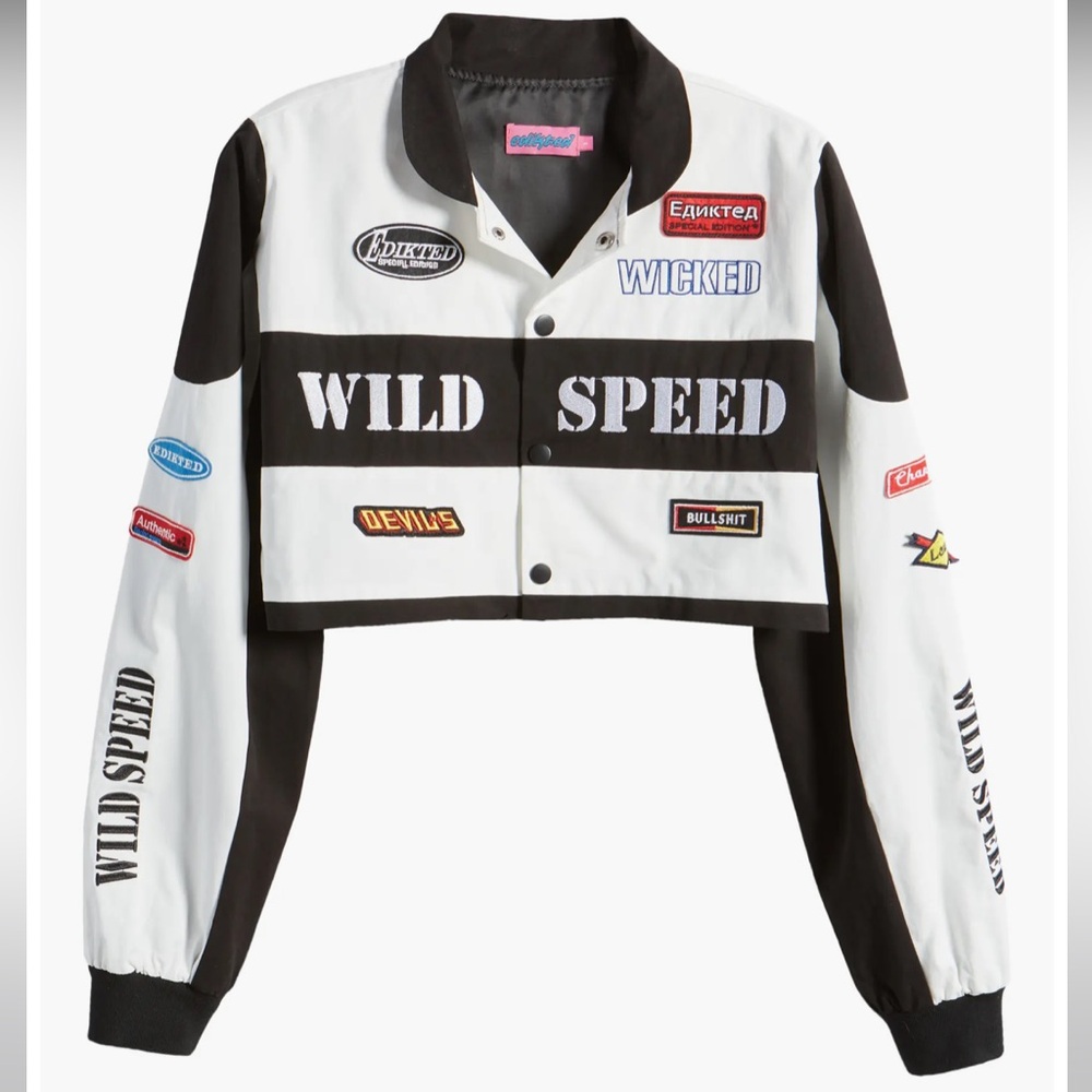 Size S Edikted black and white Lenni patch cropped Wild Speed long sleeve jacket - Picture 9 of 13